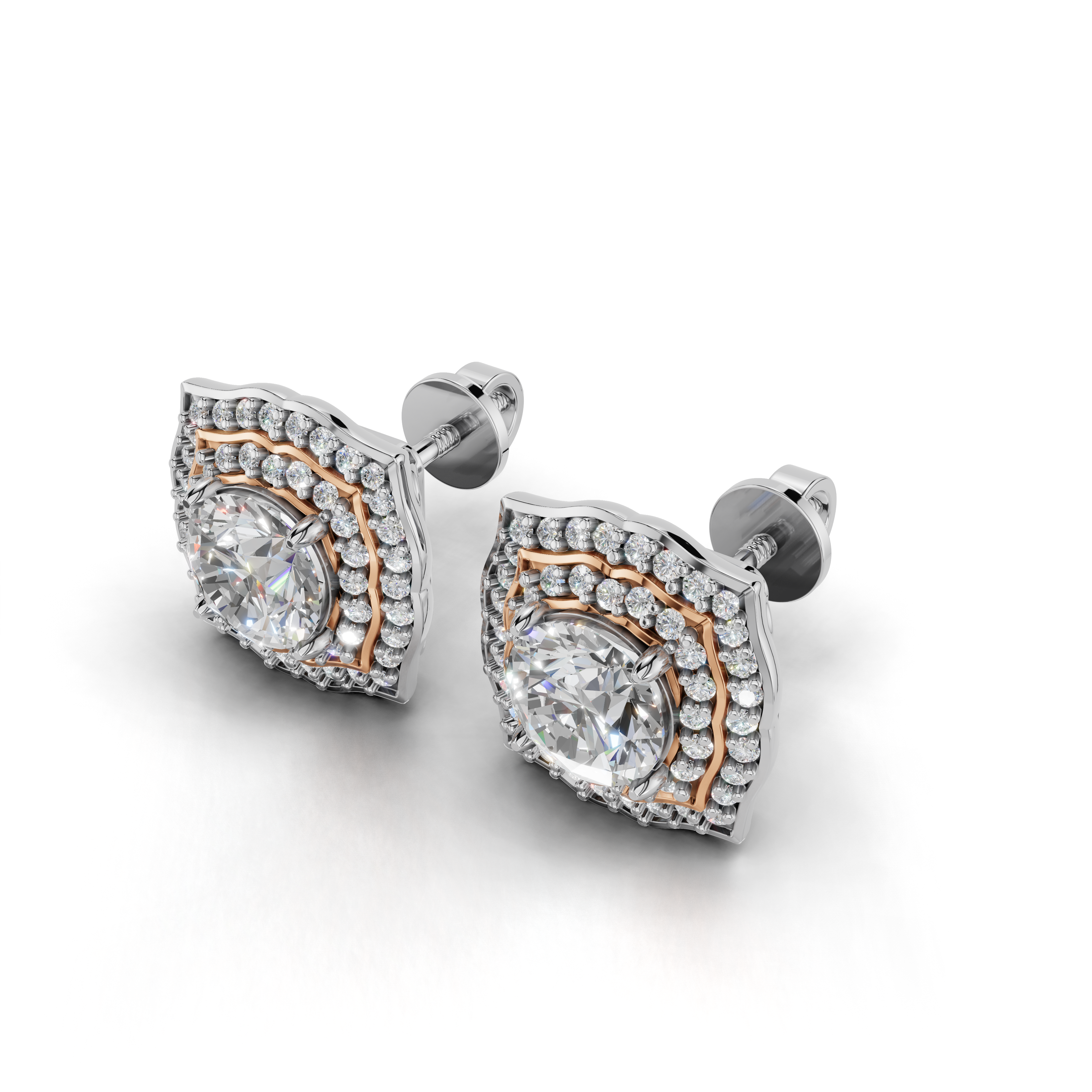 Exquisite Halo Diamond Earrings - Two-Tone Elegant Studs