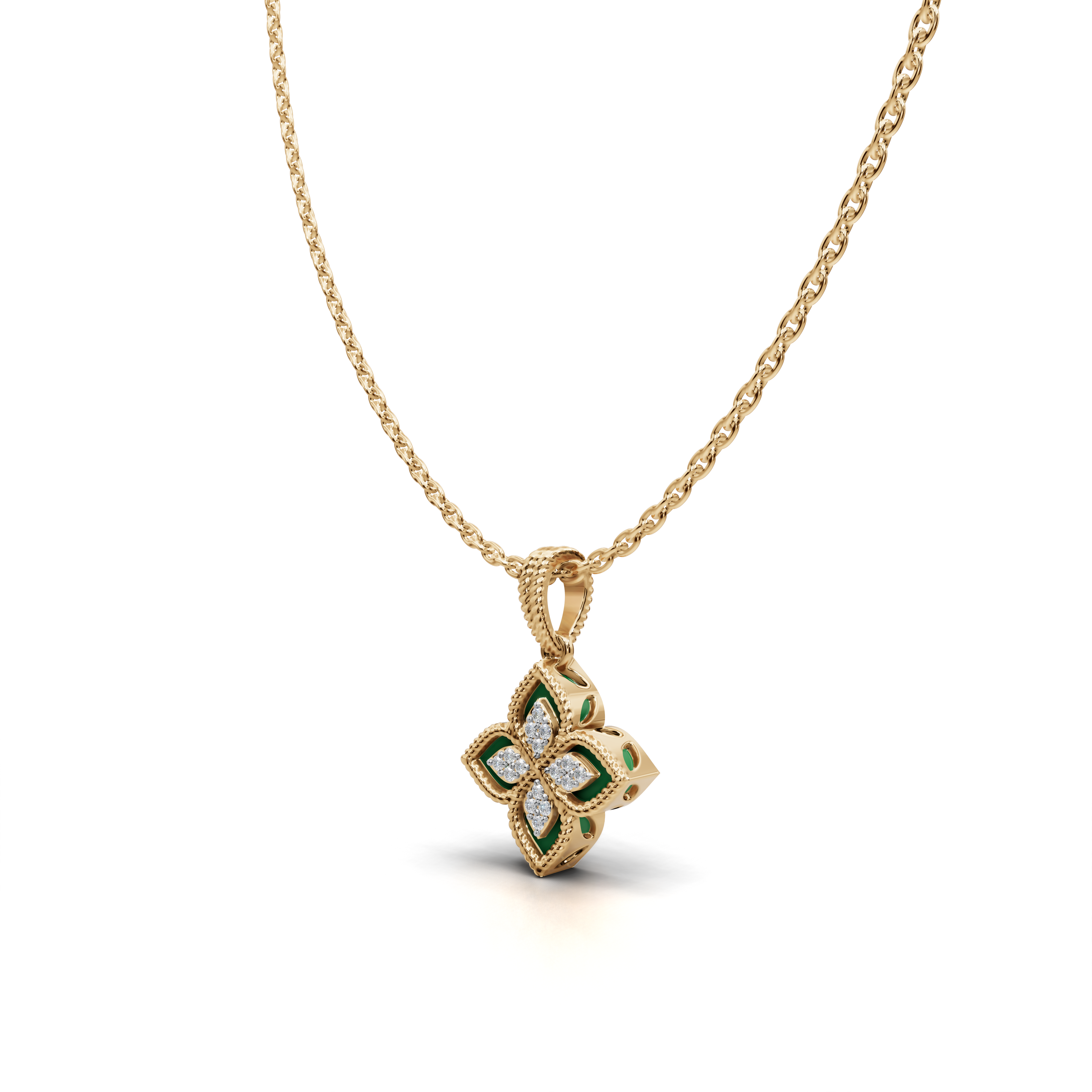 Four-Leaf Clover Green & White Stone Pendant Necklace with Botanical Motif – LWPD-0325