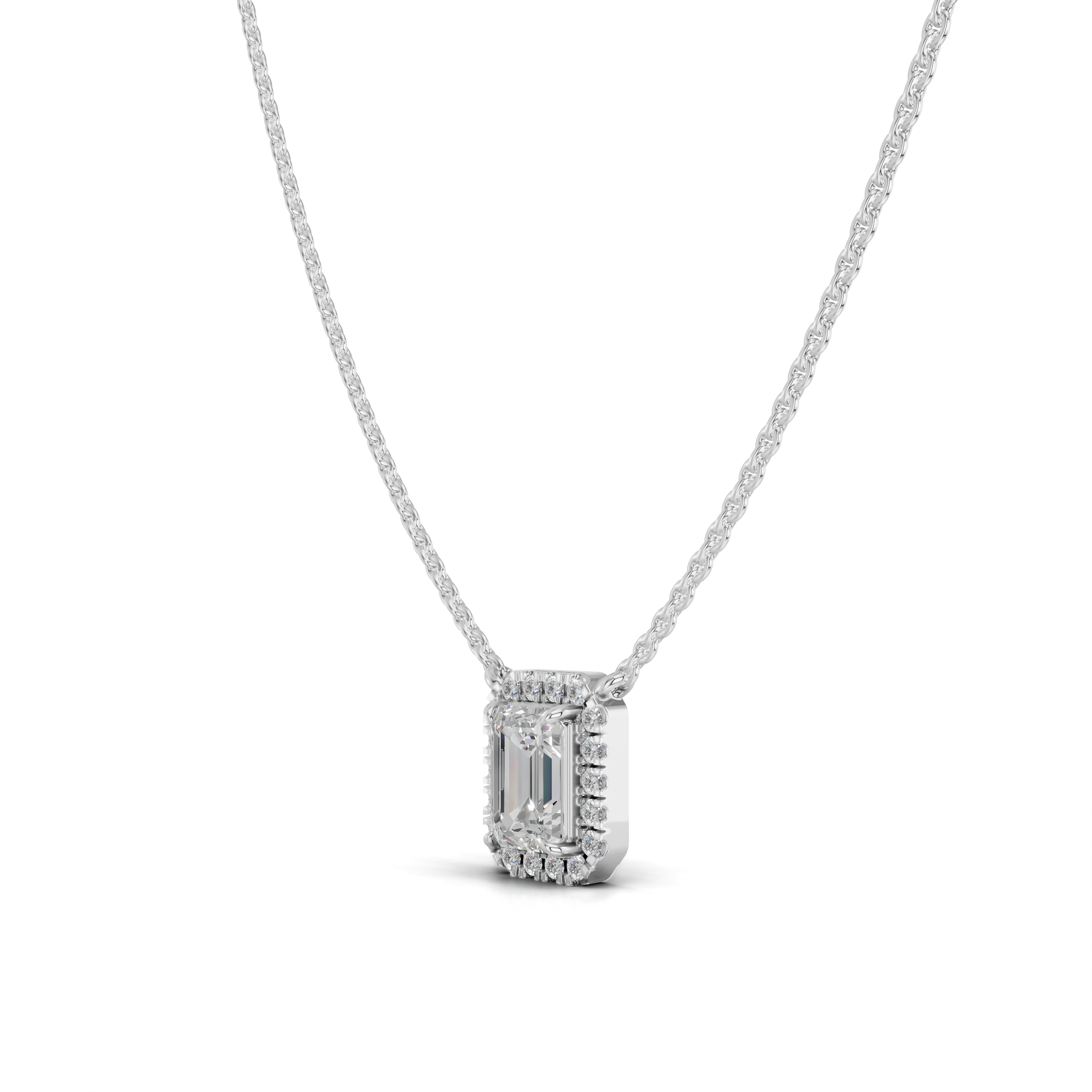 Emerald Cut Diamond Halo Pendant Necklace