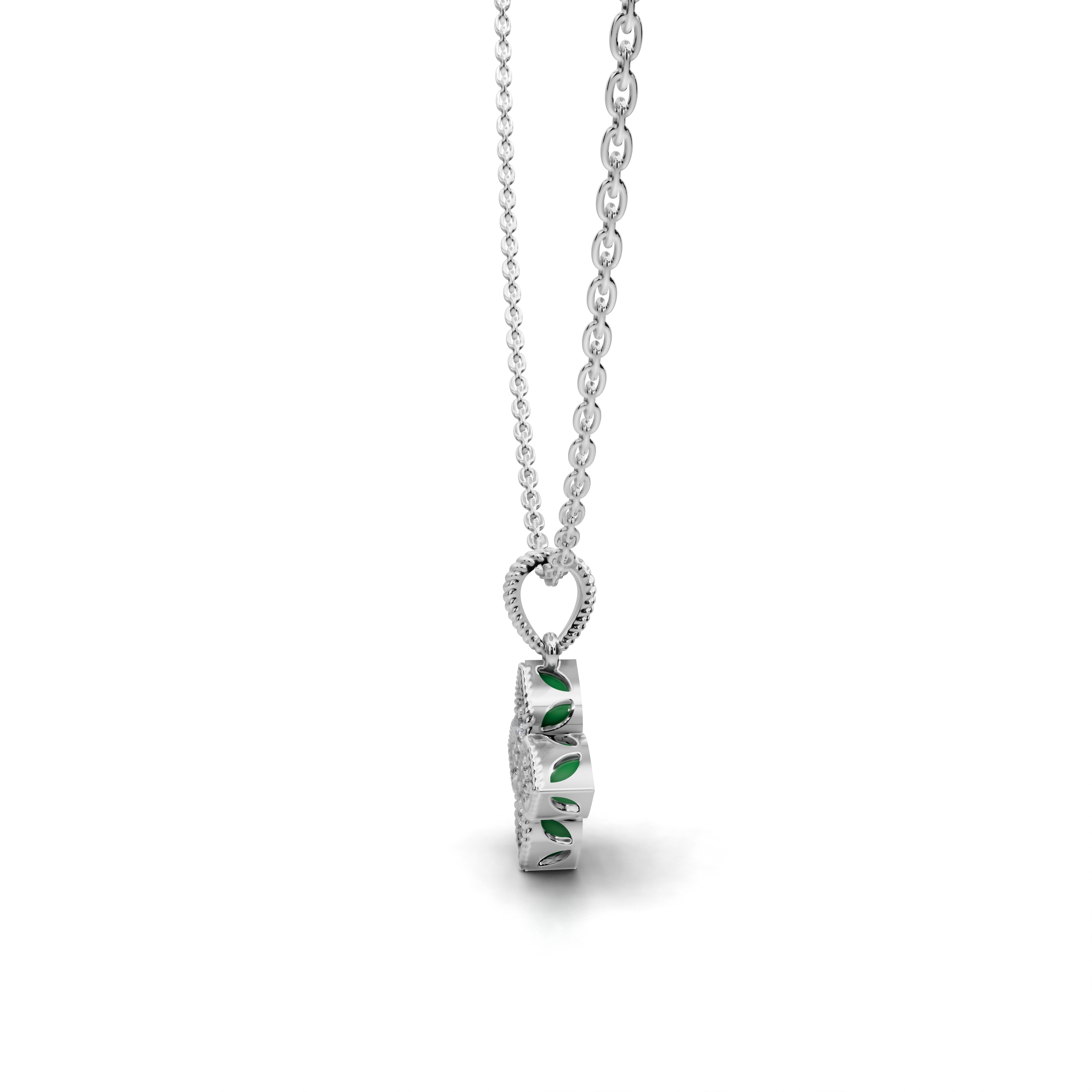 Four-Leaf Clover Green & White Stone Pendant Necklace with Botanical Motif – LWPD-0325
