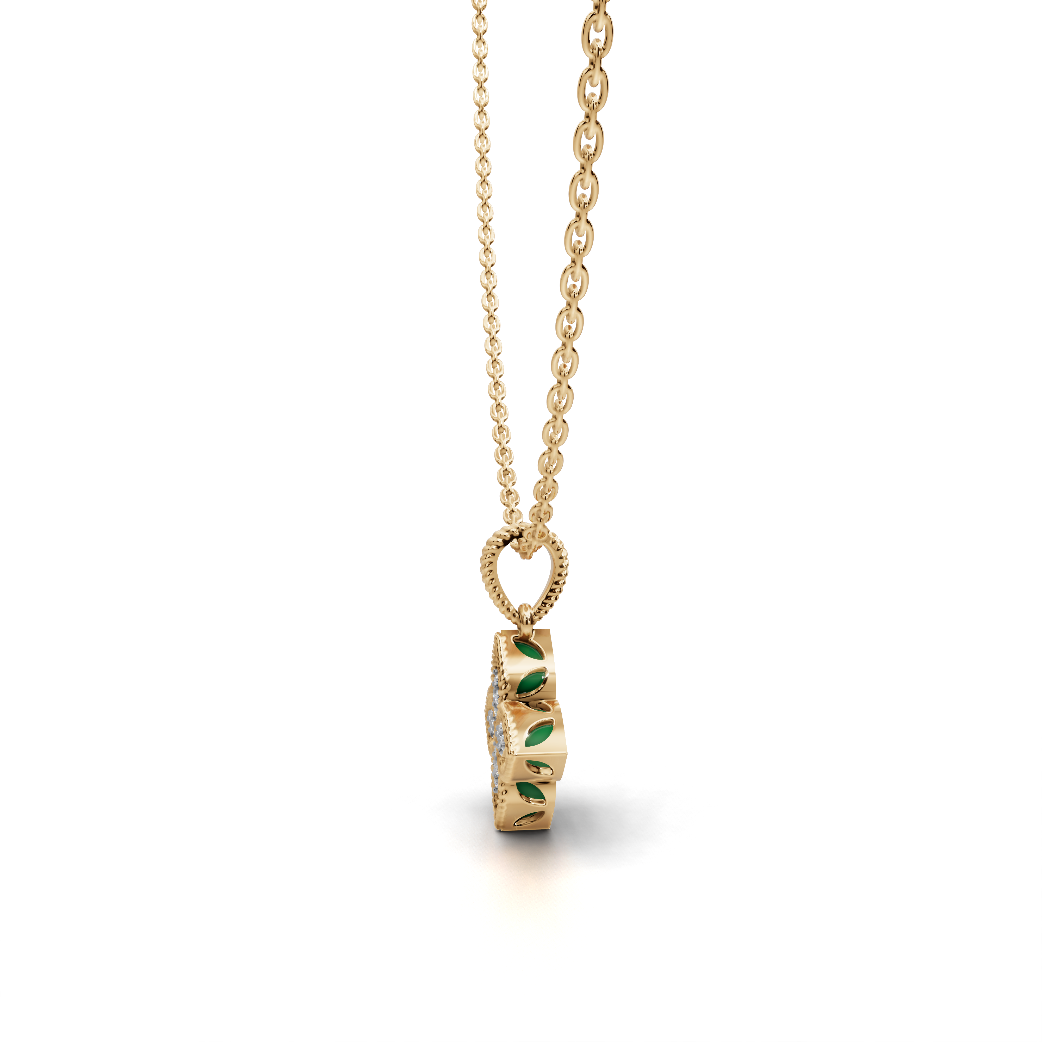 Four-Leaf Clover Green & White Stone Pendant Necklace with Botanical Motif – LWPD-0325