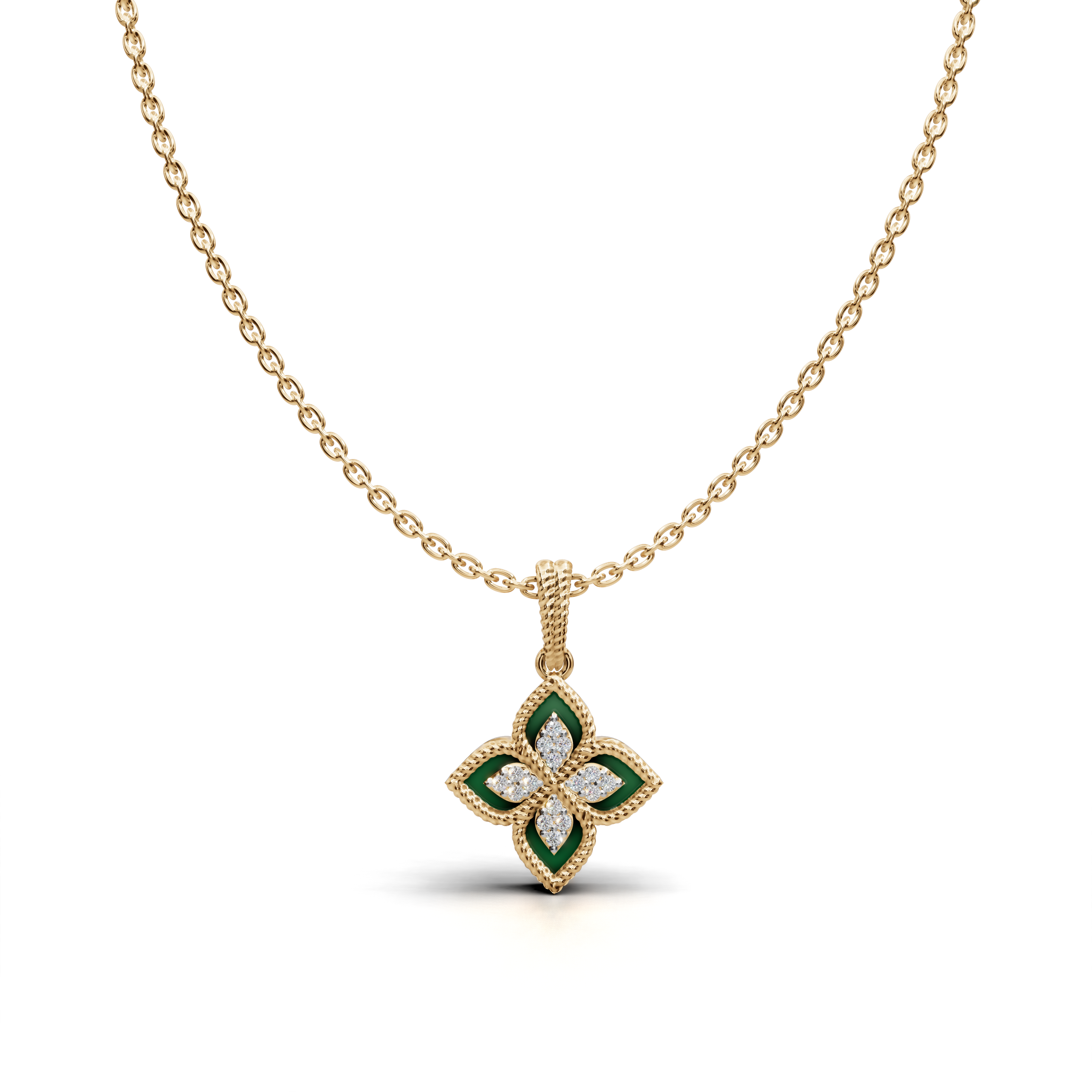 Four-Leaf Clover Green & White Stone Pendant Necklace with Botanical Motif – LWPD-0325