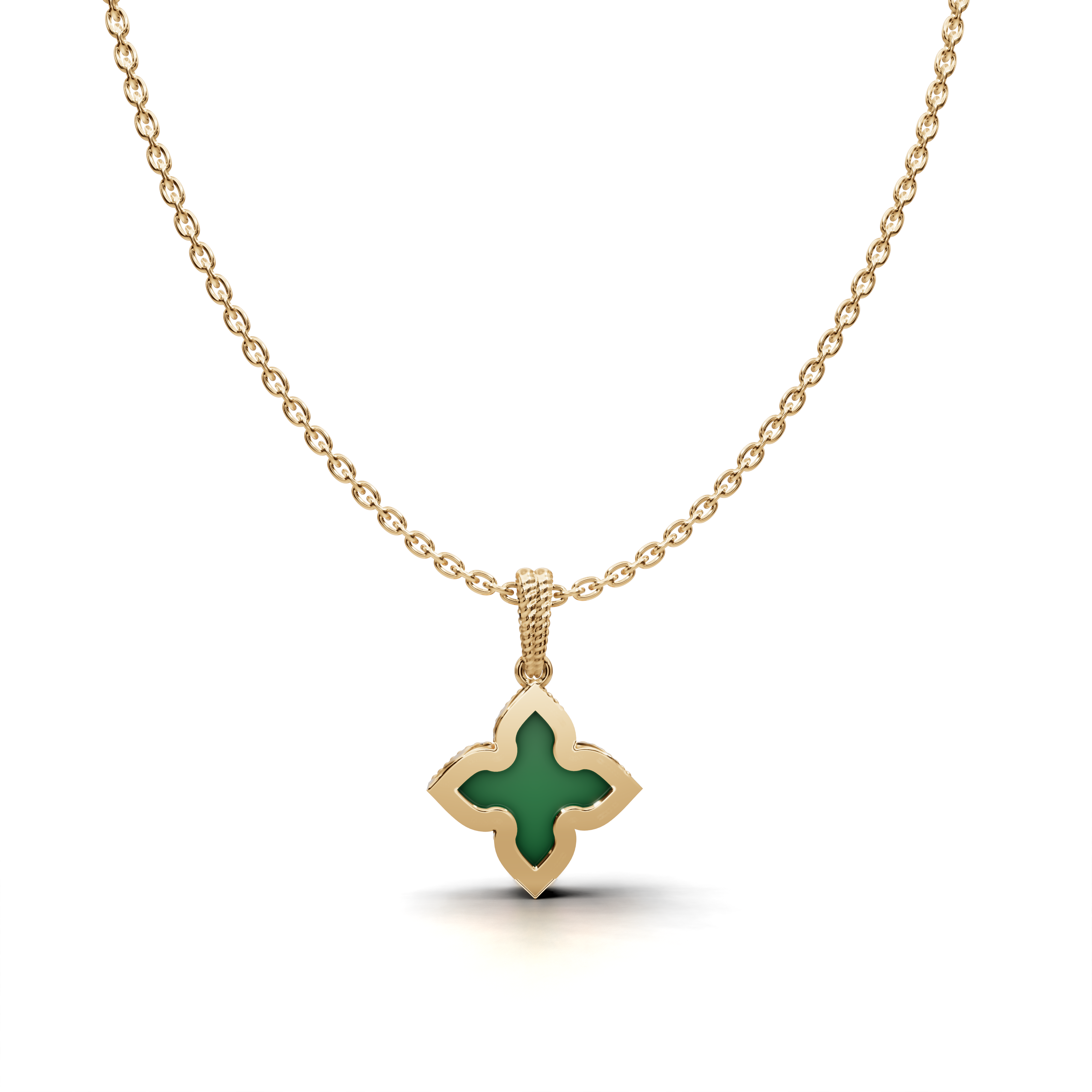Four-Leaf Clover Green & White Stone Pendant Necklace with Botanical Motif – LWPD-0325