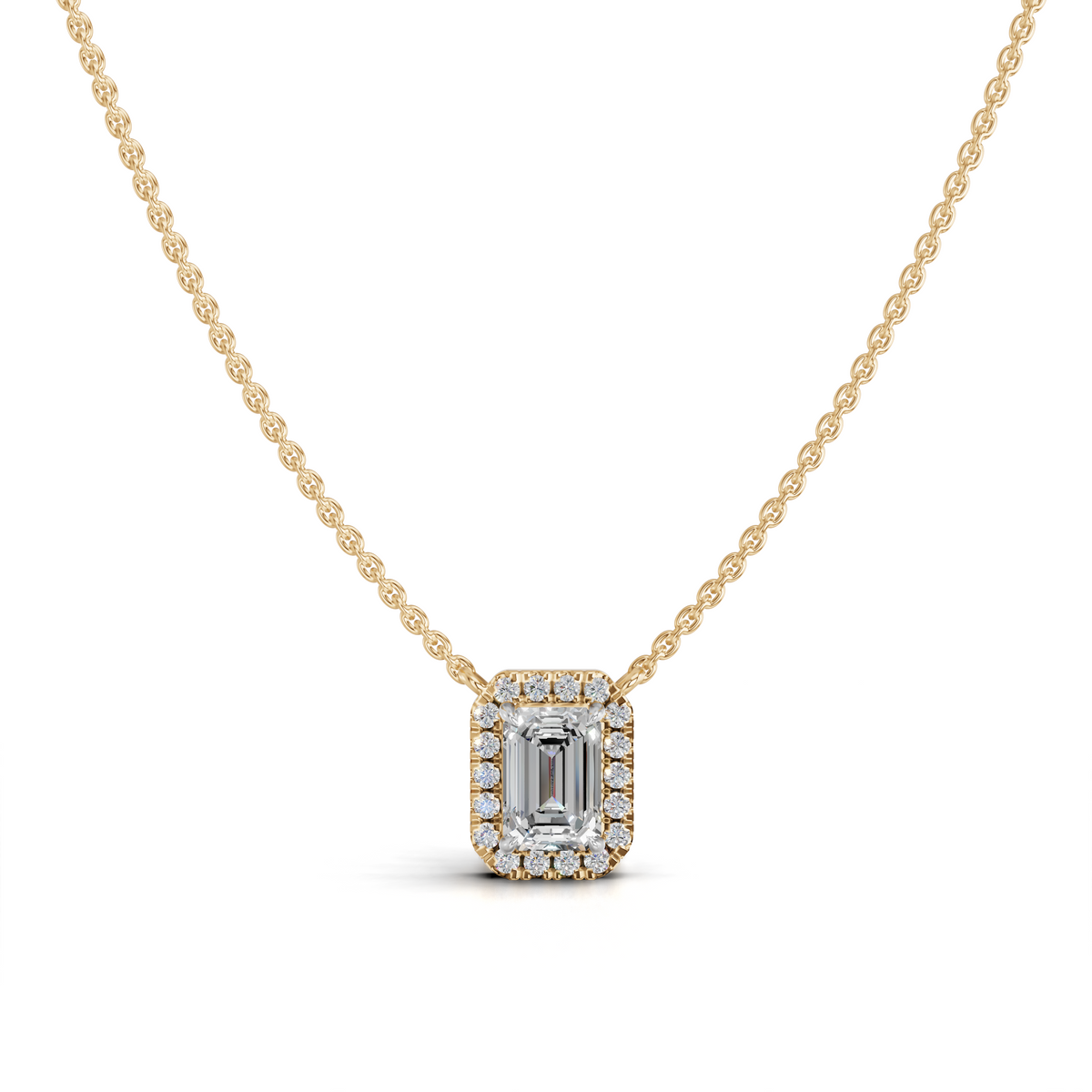 Emerald Cut Diamond Halo Pendant Necklace