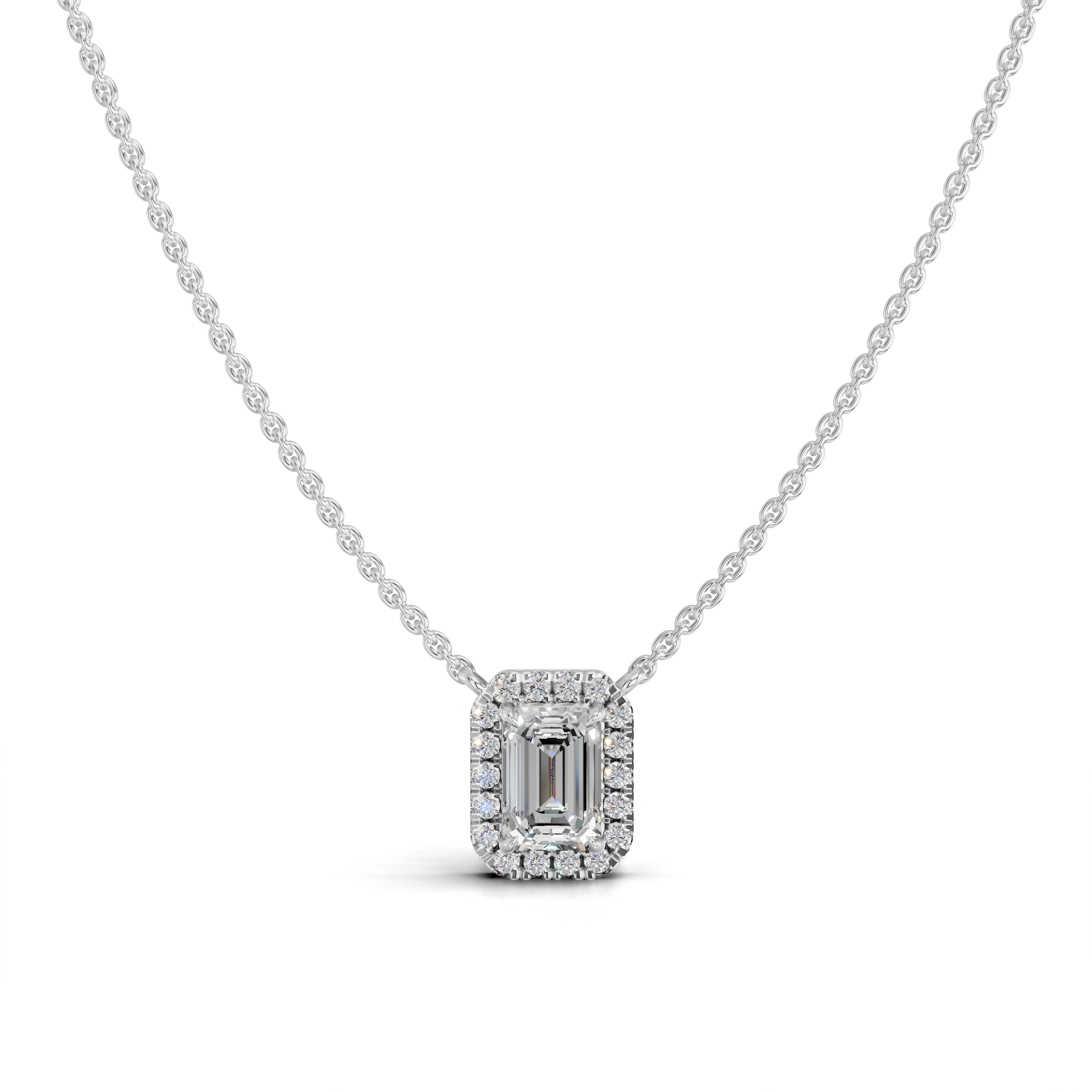 Emerald Cut Diamond Halo Pendant Necklace